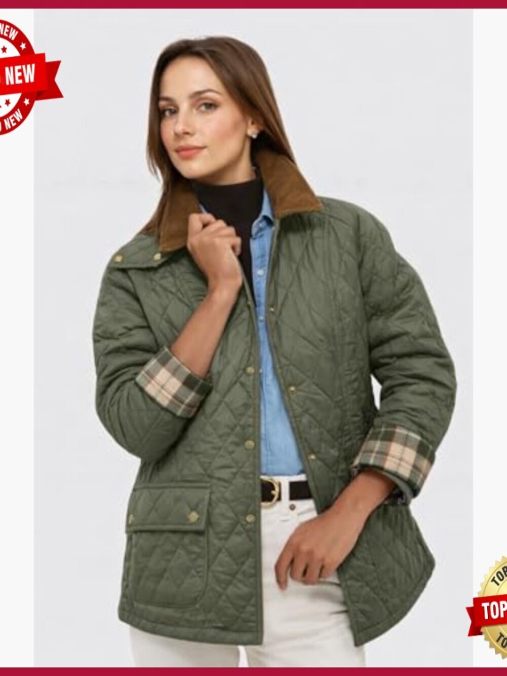 Women's Diamond Quilted Jacket with Corduroy Collar and Side Pockets - Picture 2 of 7